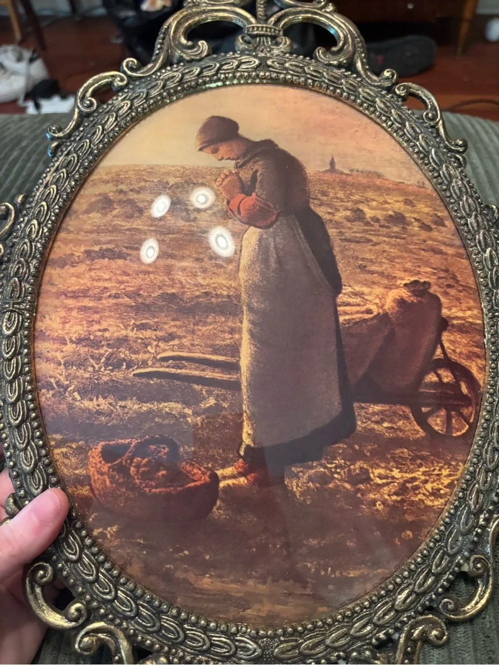 Pair Vintage “The Angelus” Jean Francois Millet Farmer/Wife Convex Glass 17X12